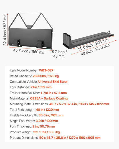 VEVOR Skid Steer Pallet Forks, 2600 lbs Rated Capacity, Pallet Fork Frame Attachment with 48-inch Pallet Forks Blades, 1-7/8 inch Ball Hitch Receiver, Quick Tach Connection for Skid Steers, Tractors - CCMBTZTYDAQDVX9SR001V0 - view 8