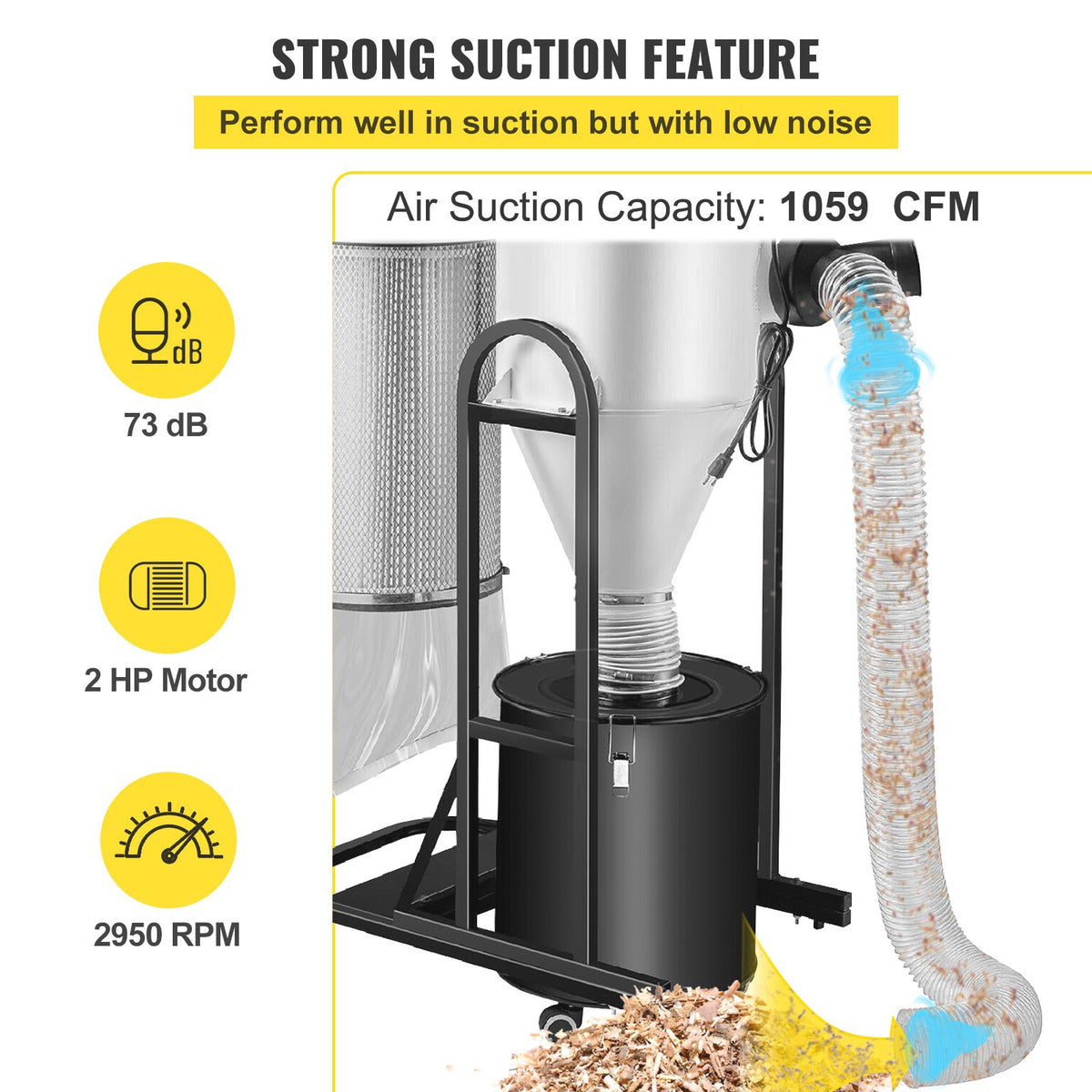 VEVOR Cyclone Dust Collector Woodworking Dust Collector 2HP 220V Heavy Duty - CCQL2.0HP220V7MC2V4 - view 4