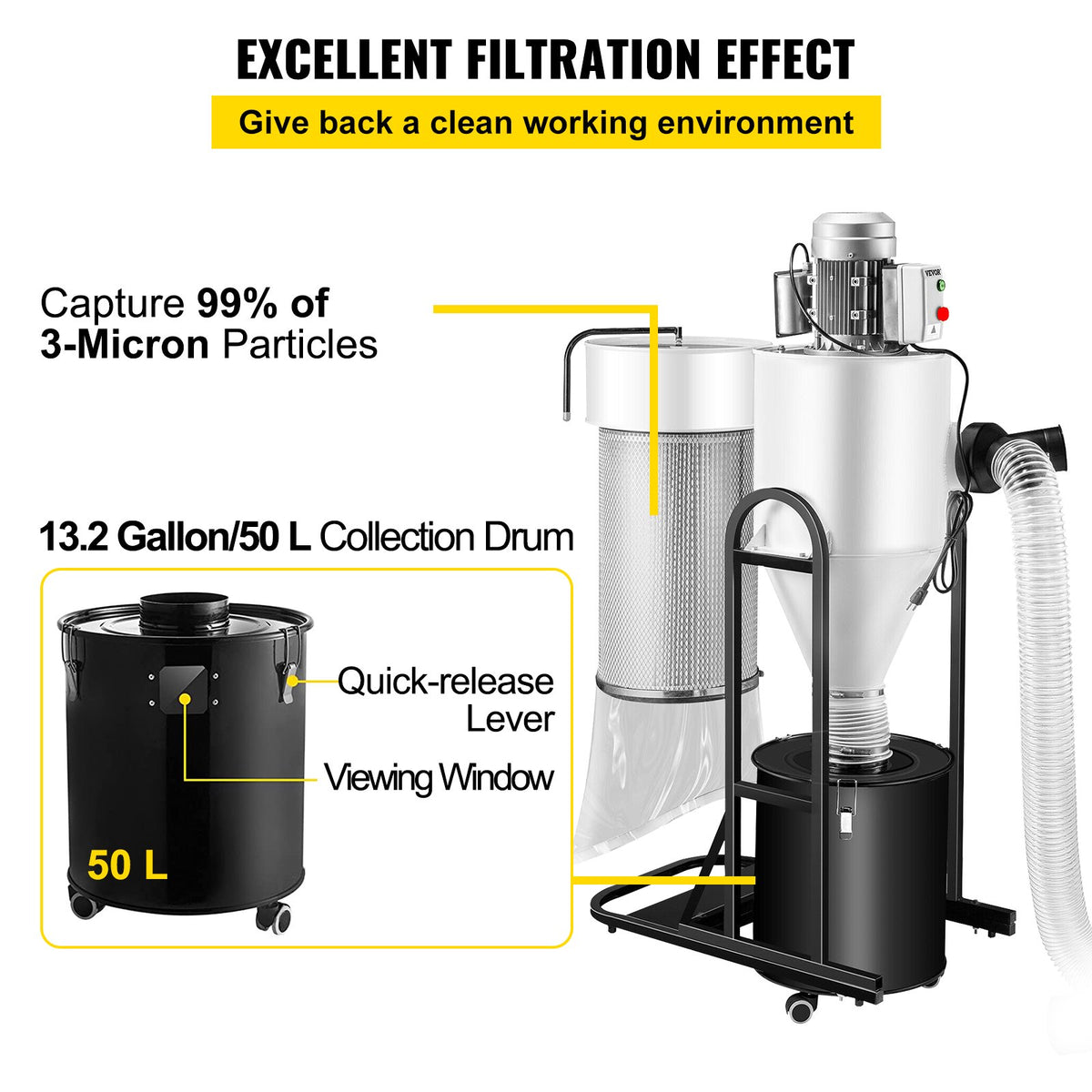VEVOR Cyclone Dust Collector Woodworking Dust Collector 2HP 220V Heavy Duty - CCQL2.0HP220V7MC2V4 - view 6