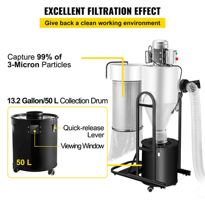VEVOR Cyclone Dust Collector Woodworking Dust Collector 2HP 220V Heavy Duty - CCQL2.0HP220V7MC2V4 - view 6