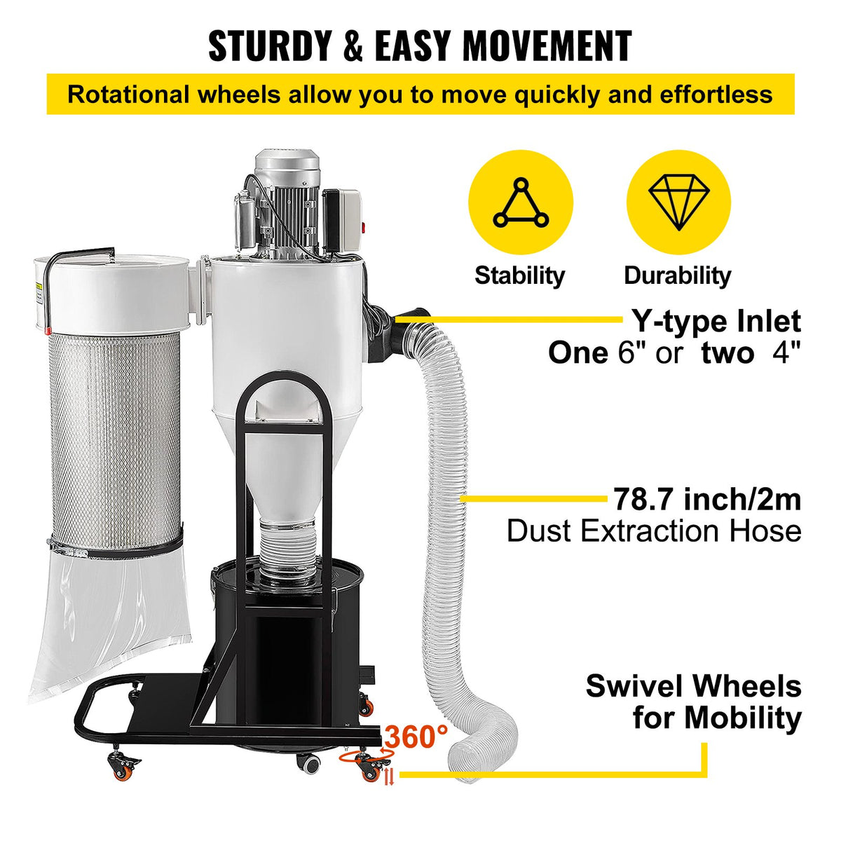 VEVOR Cyclone Dust Collector Woodworking Dust Collector 2HP 220V Heavy Duty - CCQL2.0HP220V7MC2V4 - view 7