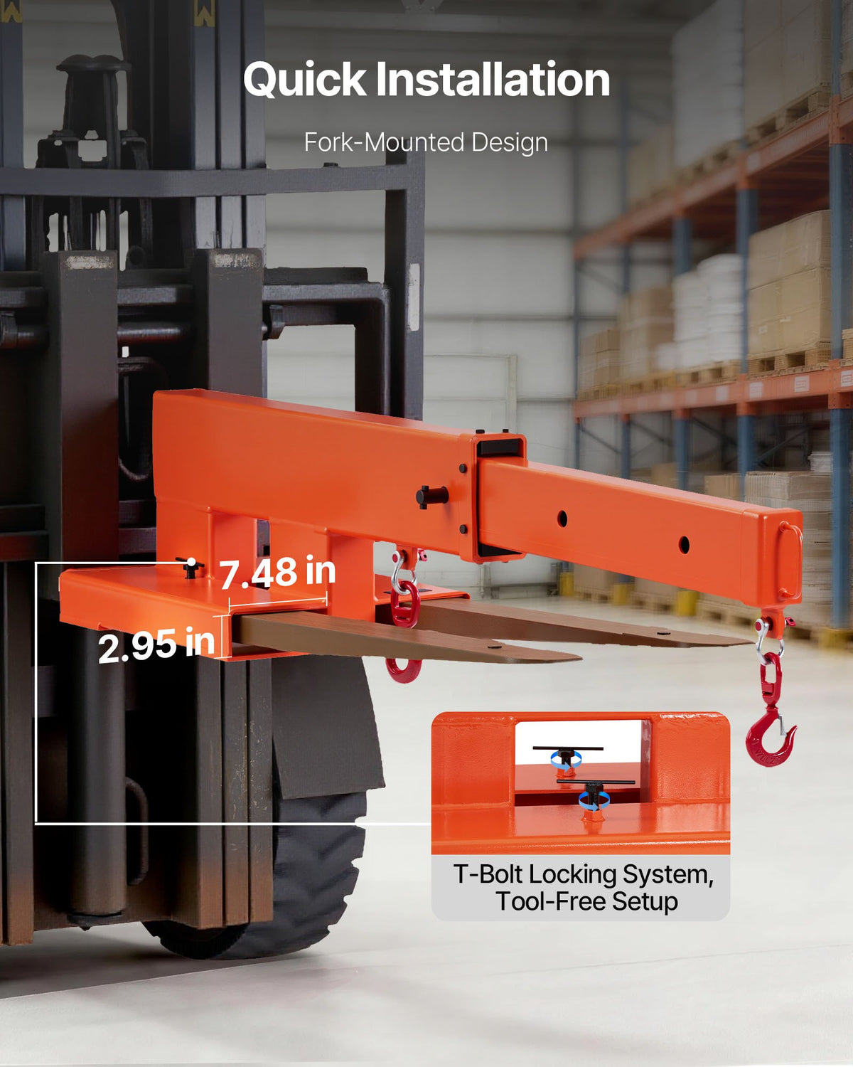 VEVOR Forklift Jib Boom Crane, 5500 lbs Capacity, Forklift Mobile Crane Lifting Hoist with 2 Hooks, Manual Telescopic 47.2-73.5 in, Boom Attachment Towing Handling Equipment for Warehouse & Factories - CCQZDB2DS55004FAD001V0 - view 6