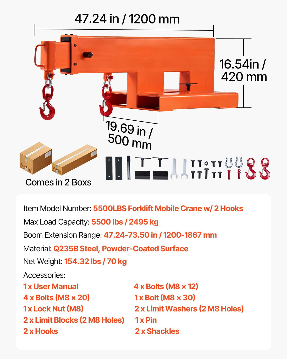 VEVOR Forklift Jib Boom Crane, 5500 lbs Capacity, Forklift Mobile Crane Lifting Hoist with 2 Hooks, Manual Telescopic 47.2-73.5 in, Boom Attachment Towing Handling Equipment for Warehouse & Factories - CCQZDB2DS55004FAD001V0 - view 8