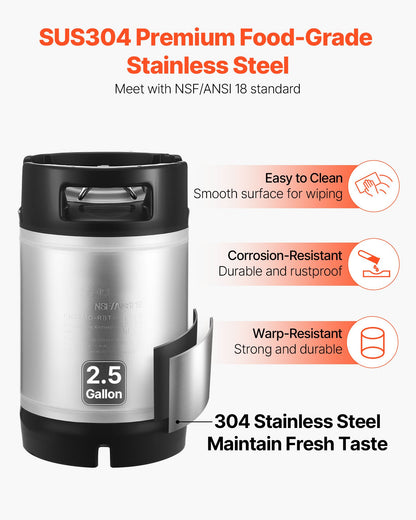VEVOR Corny Keg, 2.5 Gallon Ball Lock Keg, SUS304 Cold Brew Kegs with Dual Rubber Handles & Heavy-Duty Rubber Bottom, Brewing Equipment for Home Brewing Party, 2 PCS - CCT25GALSXSJ60KC2001V0 - view 3