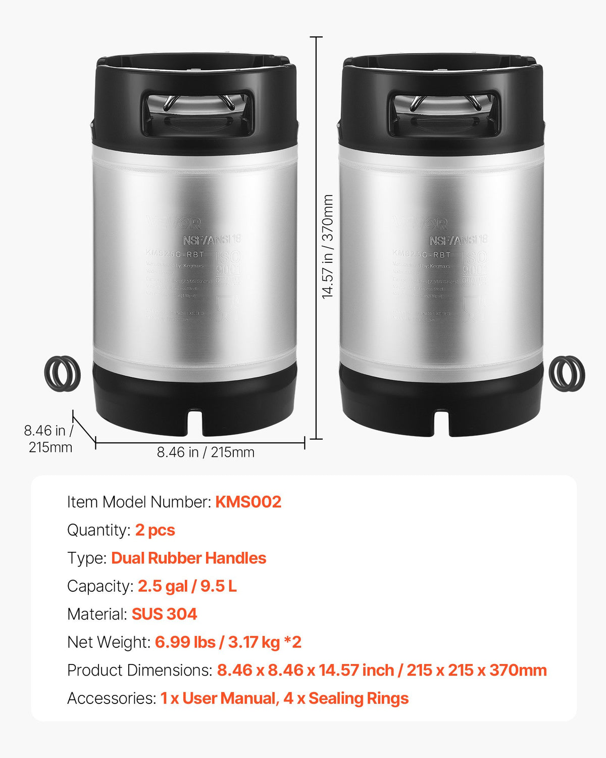 VEVOR Corny Keg, 2.5 Gallon Ball Lock Keg, SUS304 Cold Brew Kegs with Dual Rubber Handles & Heavy-Duty Rubber Bottom, Brewing Equipment for Home Brewing Party, 2 PCS - CCT25GALSXSJ60KC2001V0 - view 8