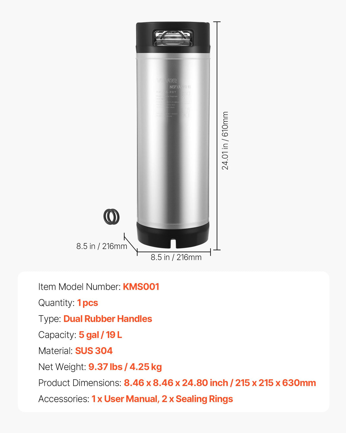 VEVOR Corny Keg, 5 Gallon Ball Lock Keg, SUS304 Cold Brew Kegs with Dual Rubber Handles & Heavy-Duty Rubber Bottom, Brewing Equipment for Home Brewing Party, 1 PCS - CCT5GALSXSJNTPH8F001V0 - view 8