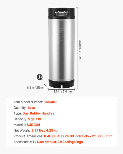 VEVOR Corny Keg, 5 Gallon Ball Lock Keg, SUS304 Cold Brew Kegs with Dual Rubber Handles & Heavy-Duty Rubber Bottom, Brewing Equipment for Home Brewing Party, 1 PCS - CCT5GALSXSJNTPH8F001V0 - view 8