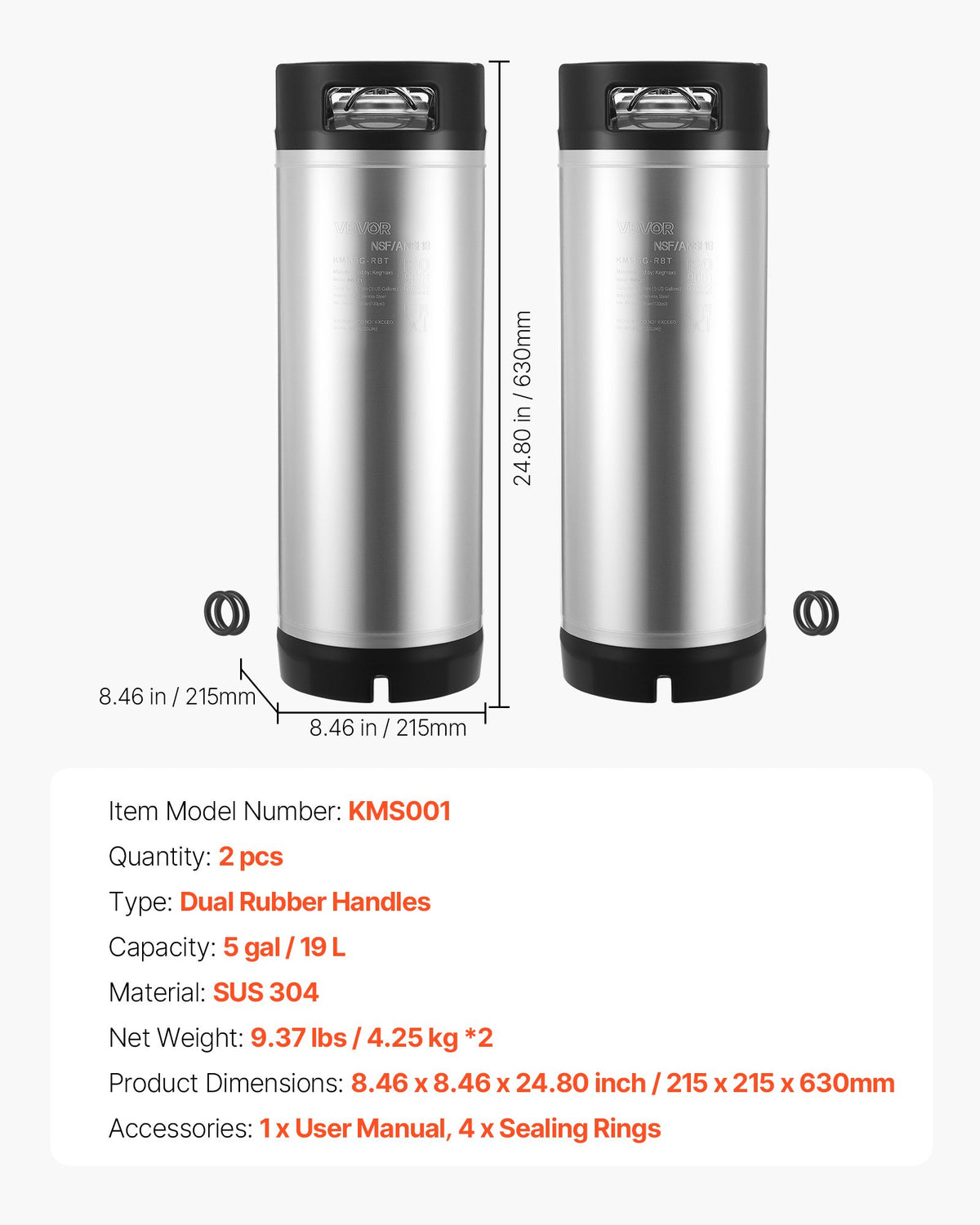 VEVOR Corny Keg, 5 Gallon Ball Lock Keg, SUS304 Cold Brew Kegs with Dual Rubber Handles & Heavy-Duty Rubber Bottom, Brewing Equipment for Home Brewing Party, 2 PCS - CCT5GALSXSJNX0UHC001V0 - view 8