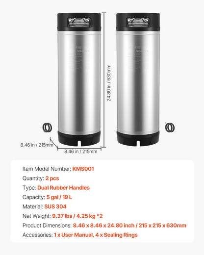 VEVOR Corny Keg, 5 Gallon Ball Lock Keg, SUS304 Cold Brew Kegs with Dual Rubber Handles & Heavy-Duty Rubber Bottom, Brewing Equipment for Home Brewing Party, 2 PCS - CCT5GALSXSJNX0UHC001V0 - view 8