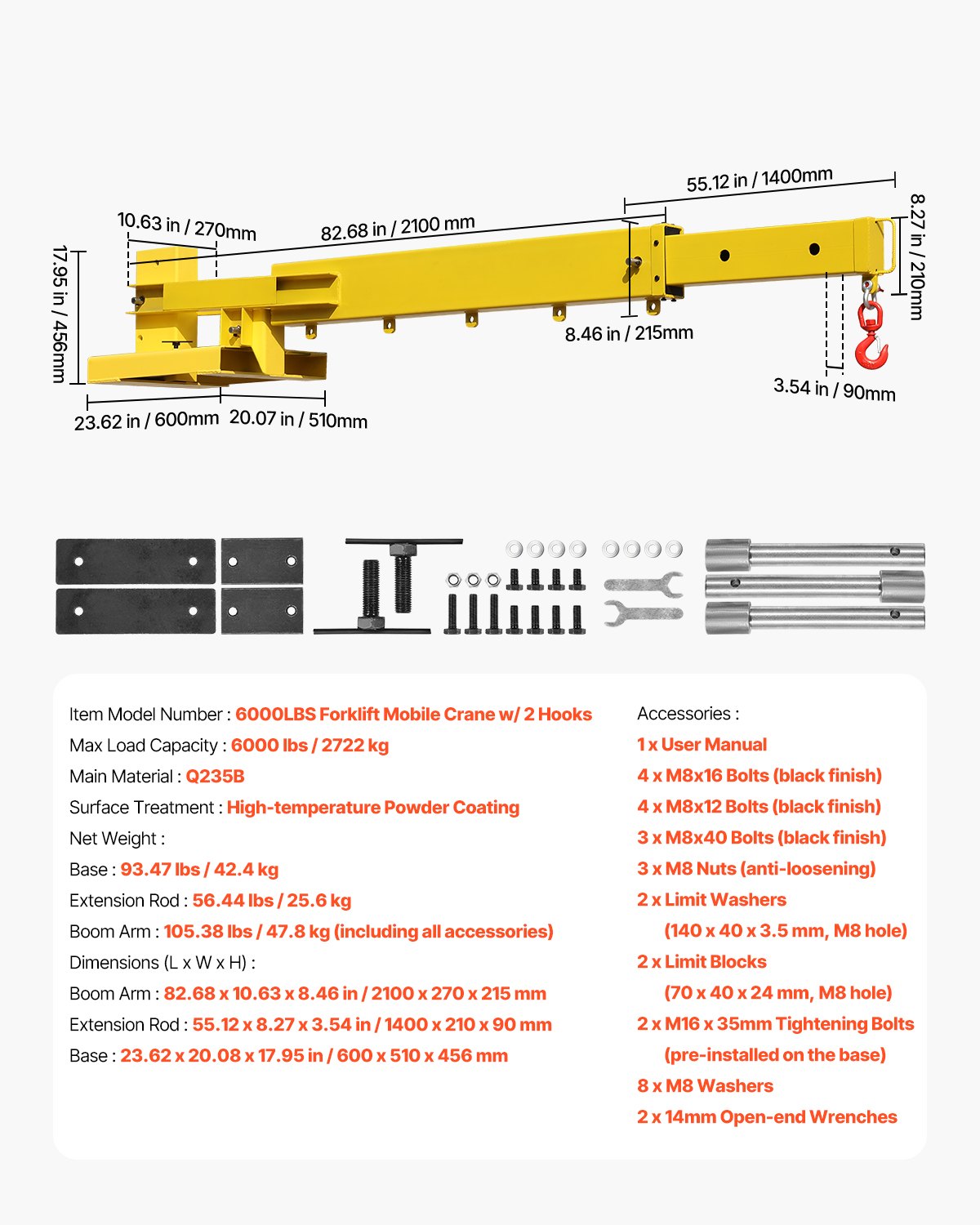 VEVOR Forklift Jib Boom Crane, 6000lbs Capacity, Manual Telescoping Boom Extends Up to 56.1 inches, Forklift Mobile Crane with 2 Hooks, Adjustable Forklift Crane Attachment for Warehouse, Factories - CCXBQZJ3T2GDPC830V0 - view 8