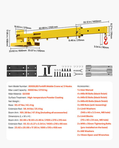 VEVOR Forklift Jib Boom Crane, 6000lbs Capacity, Manual Telescoping Boom Extends Up to 56.1 inches, Forklift Mobile Crane with 2 Hooks, Adjustable Forklift Crane Attachment for Warehouse, Factories - CCXBQZJ3T2GDPC830V0 - view 8