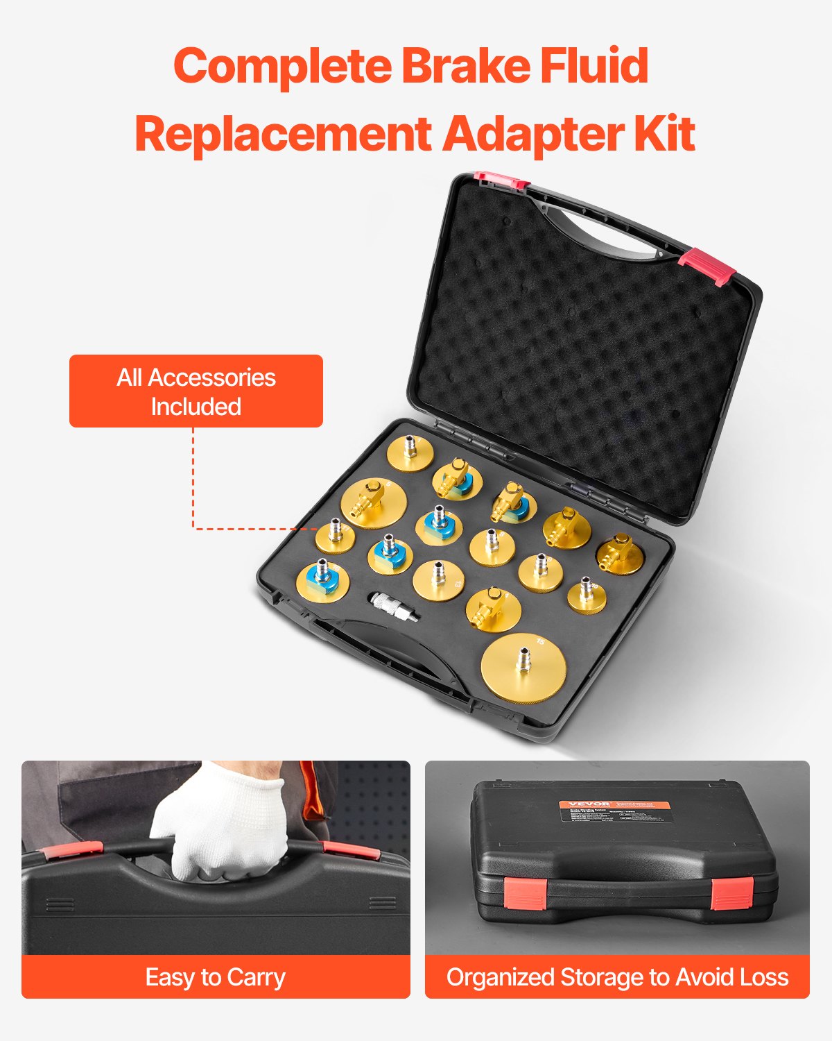 VEVOR Brake Master Bleeder Kit, 17 Pcs, Professional Brake Bleeder Adapter Set with Complete Kit & Handle, Durable Brake Bleeder Adapter for Brake Fluid Filling Fit for Most New & Old Vehicles - CCYGHSPQTJ17GSTKOV0 - view 4