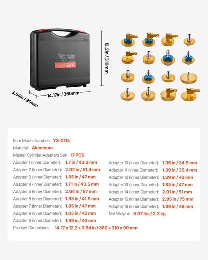 VEVOR Brake Master Bleeder Kit, 17 Pcs, Professional Brake Bleeder Adapter Set with Complete Kit & Handle, Durable Brake Bleeder Adapter for Brake Fluid Filling Fit for Most New & Old Vehicles - CCYGHSPQTJ17GSTKOV0 - view 8