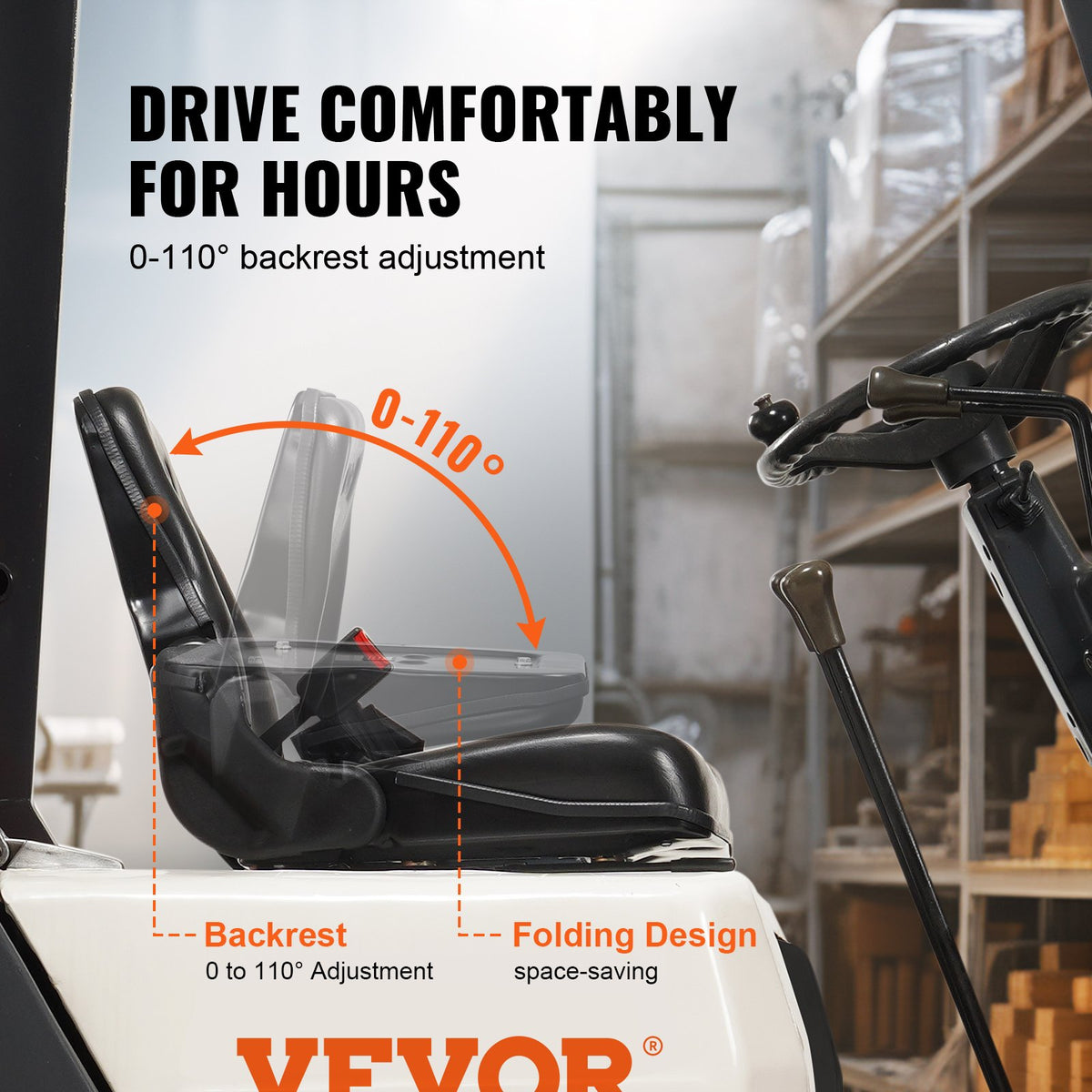 VEVOR Universal Forklift Seat, Fold Down Tractor Seat with Adjustable Angle Back, Micro Switch and Retractable Seatbelt, 6.3-13.4 inch Slot Forklift Seat for Tractor Loader - CCZYCGKAQD00099Y0V0 - view 3