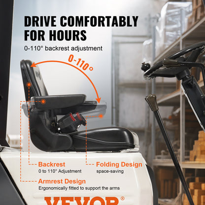 VEVOR Universal Forklift Seat, Fold Down Tractor Seat with Adjustable Angle Back, Micro Switch, Seatbelt and Armrests, 6.3-13.4 inch Slot Tractor Seat for Tractor Loader Excavator - CCZYCGKFSAQDUWMNSV0 - view 3