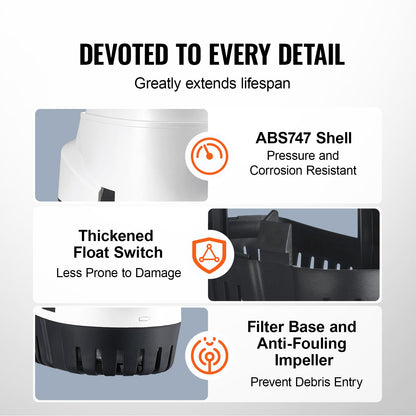VEVOR Bilge Pump, 1100GPH 12V Automatic Submersible Boat Bilge Water Pump with Float Switch, 1.1" Outlet Diameter, Small Boat Bilge Pump, Marine Electric Bilge Pump for Boats, Ponds, Pools, Basements - CDB1100GPH00EVRJVV9 - view 6