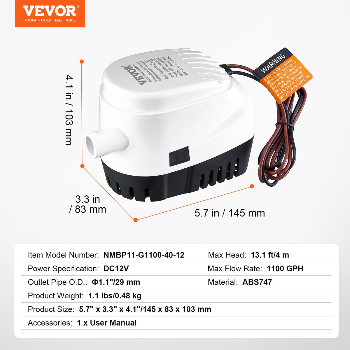 VEVOR Bilge Pump, 1100GPH 12V Automatic Submersible Boat Bilge Water Pump with Float Switch, 1.1" Outlet Diameter, Small Boat Bilge Pump, Marine Electric Bilge Pump for Boats, Ponds, Pools, Basements - CDB1100GPH00EVRJVV9 - view 8