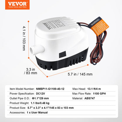 VEVOR Bilge Pump, 1100GPH 12V Automatic Submersible Boat Bilge Water Pump with Float Switch, 1.1" Outlet Diameter, Small Boat Bilge Pump, Marine Electric Bilge Pump for Boats, Ponds, Pools, Basements - CDB1100GPH00EVRJVV9 - view 8