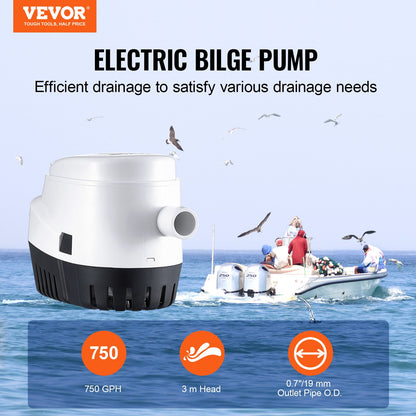 VEVOR Bilge Pump, 750GPH 12V Automatic Submersible Boat Bilge Water Pump with Float Switch, 0.7" Outlet Diameter, Small Boat Bilge Pump, Marine Electric Bilge Pump for Boats, Ponds, Pools, Basements - CDB750GPH0001RKX6V9 - view 3