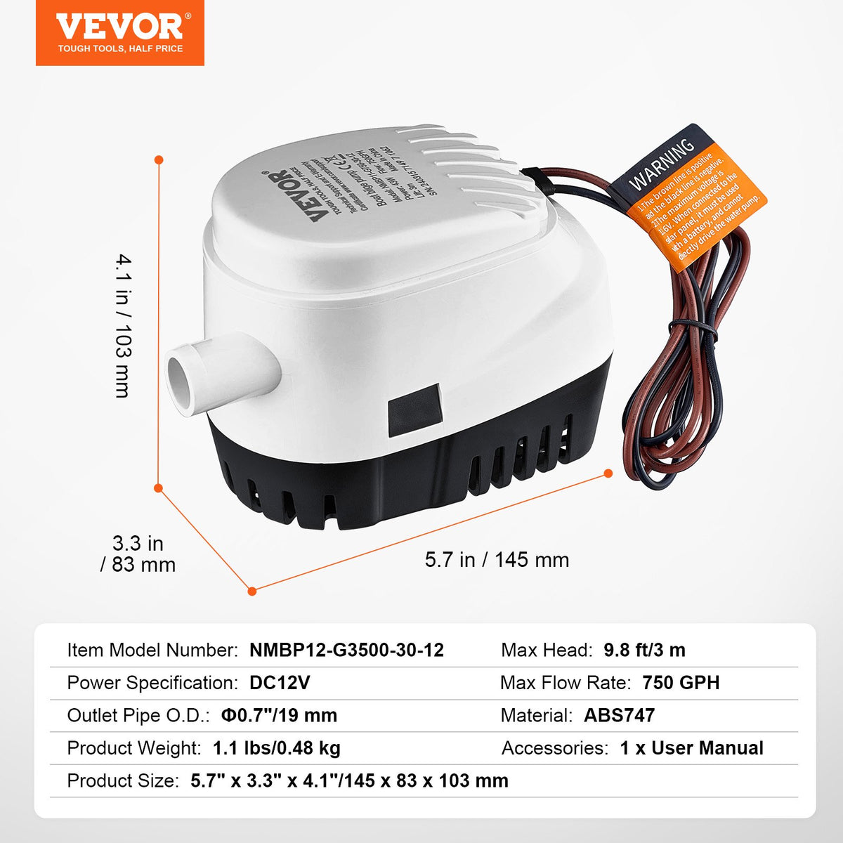 VEVOR Bilge Pump, 750GPH 12V Automatic Submersible Boat Bilge Water Pump with Float Switch, 0.7" Outlet Diameter, Small Boat Bilge Pump, Marine Electric Bilge Pump for Boats, Ponds, Pools, Basements - CDB750GPH0001RKX6V9 - view 8