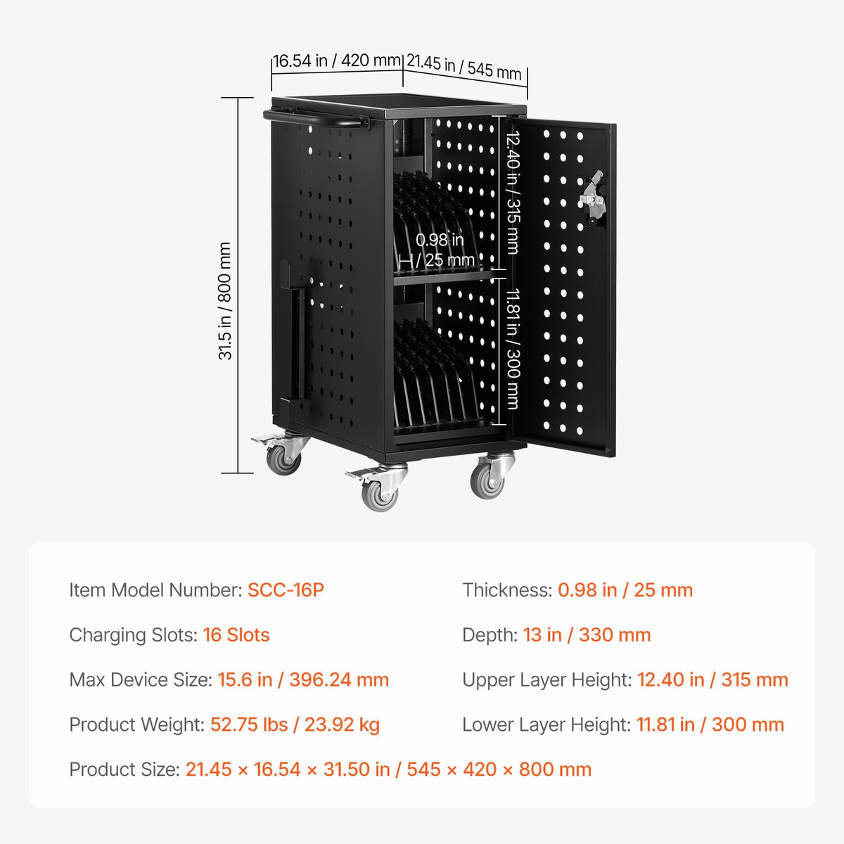 VEVOR Charging Cart, 16 Device Mobile Charging Station, Up to 15.6 in Screen Size, Office and Classroom Mobile Charging Cart, for Chromebook, Tablet and Laptop - CDC16TDN156I459LOV1 - view 8