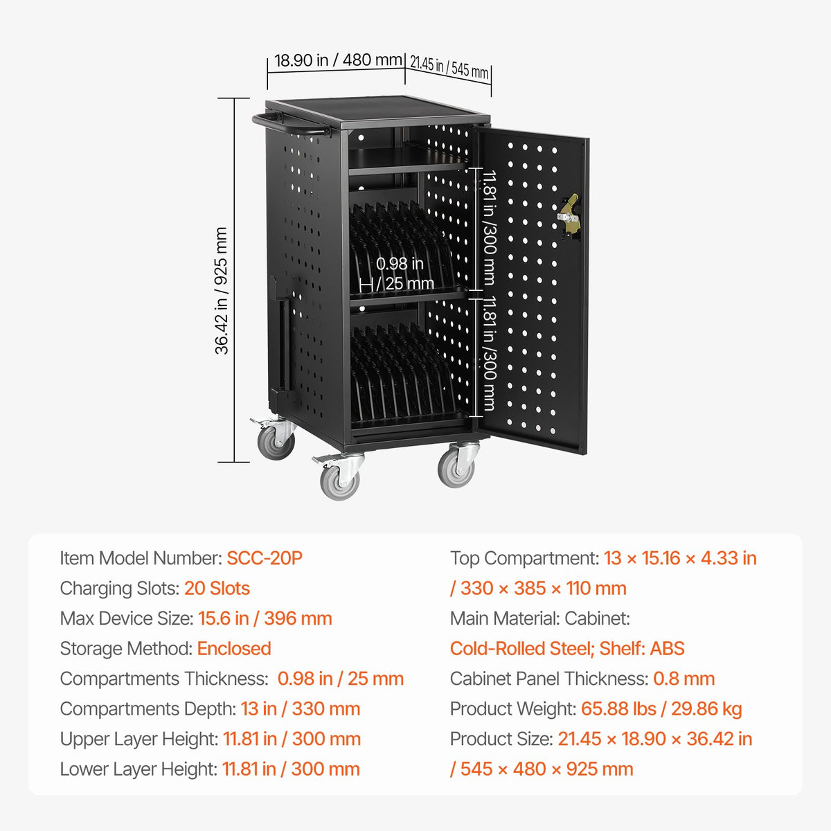 VEVOR Laptop Cart, 20 Device Mobile Charging Cart, Up to 15.6 in Screen Size, Office and Classroom Mobile Charging Cart, for Chromebook, Tablet and Laptop - CDC24TDN156IMBVF7V1 - view 8