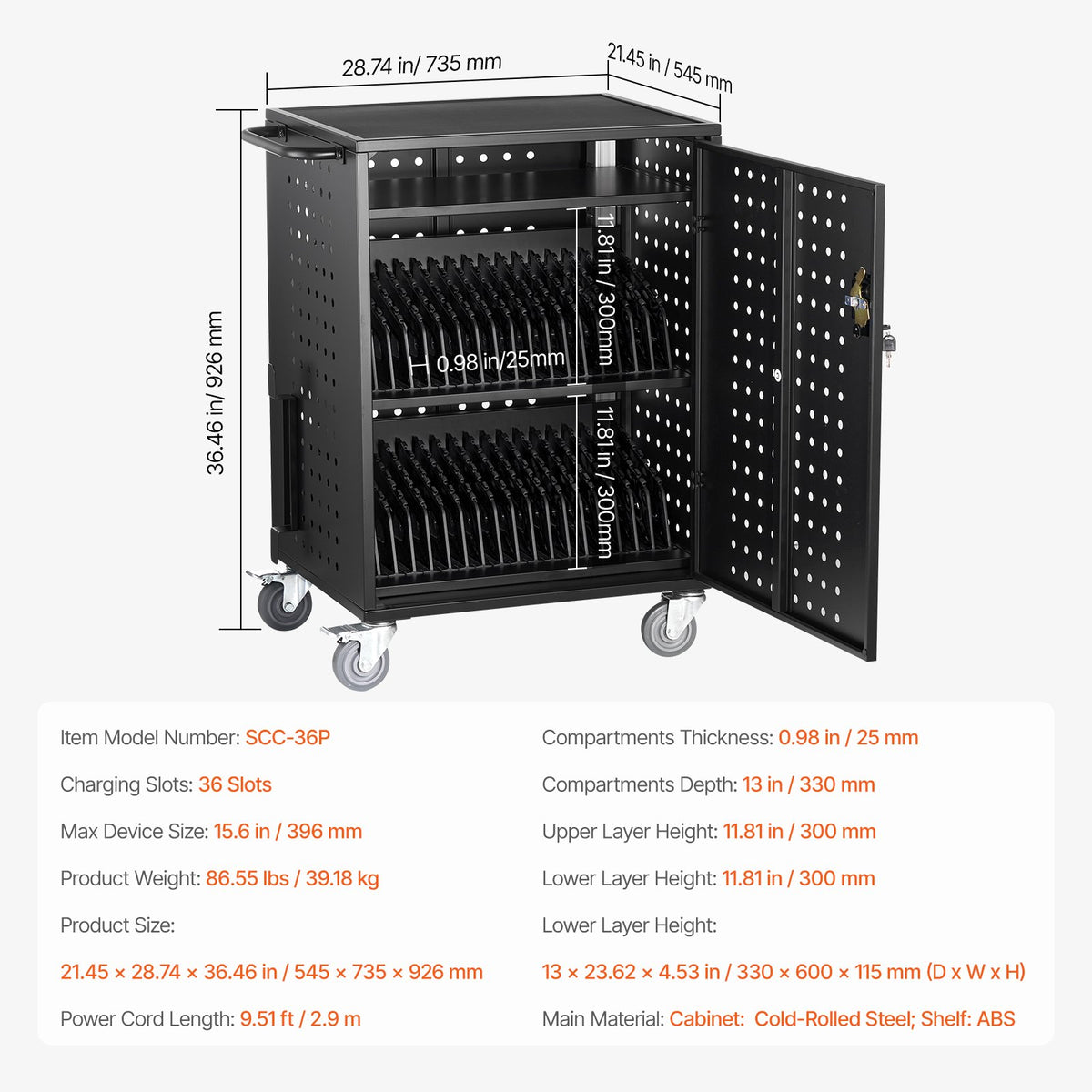 VEVOR Charging Cart, 36 Device Mobile Charging Station, Up to 15.6 in Screen Size, Office and Classroom Mobile Charging Cart, for Chromebook, Tablet and Laptop - CDC36TDN156IPR43LV1 - view 8