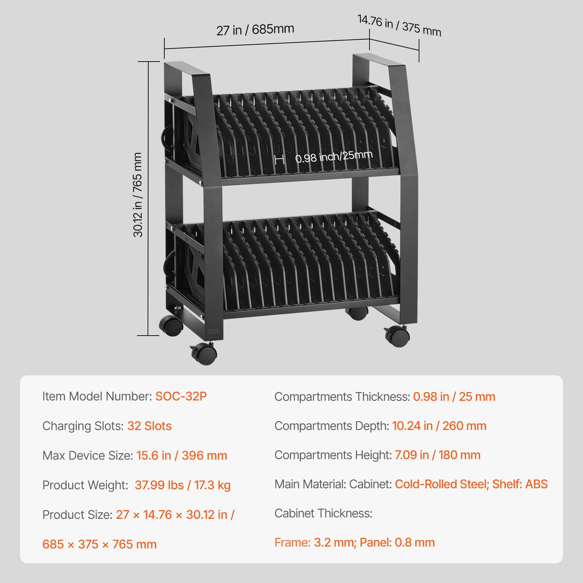 VEVOR Laptop Charging Cart, 32 Devices Mobile Open Charging Station with Wheels, for Tablet and Laptop Up to 15.6 in Screen Size, Easy Access Slots, Surge Control, for Office, Classroom, Library - CDCBKFS156INL3C5K001V1 - view 8