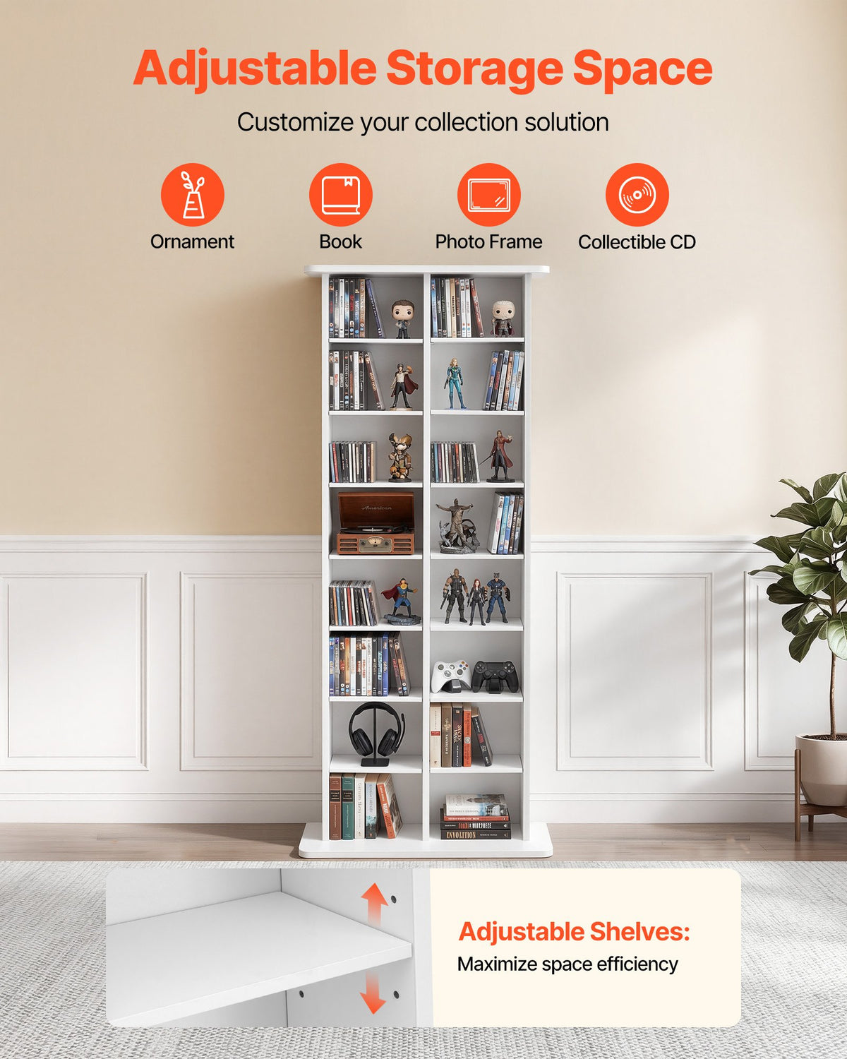 VEVOR Media Storage Cabinet, 8-Tier DVD Shelf Organizer, 22.01 x 8.74 x 50.98 in Multimedia Storage Organizer for CDs, DVDs, Books & Games, CD Shelf for Living Room, Home Office, Recording Room, White - CDCCJBSTDKFS4EFGX001V0 - view 3