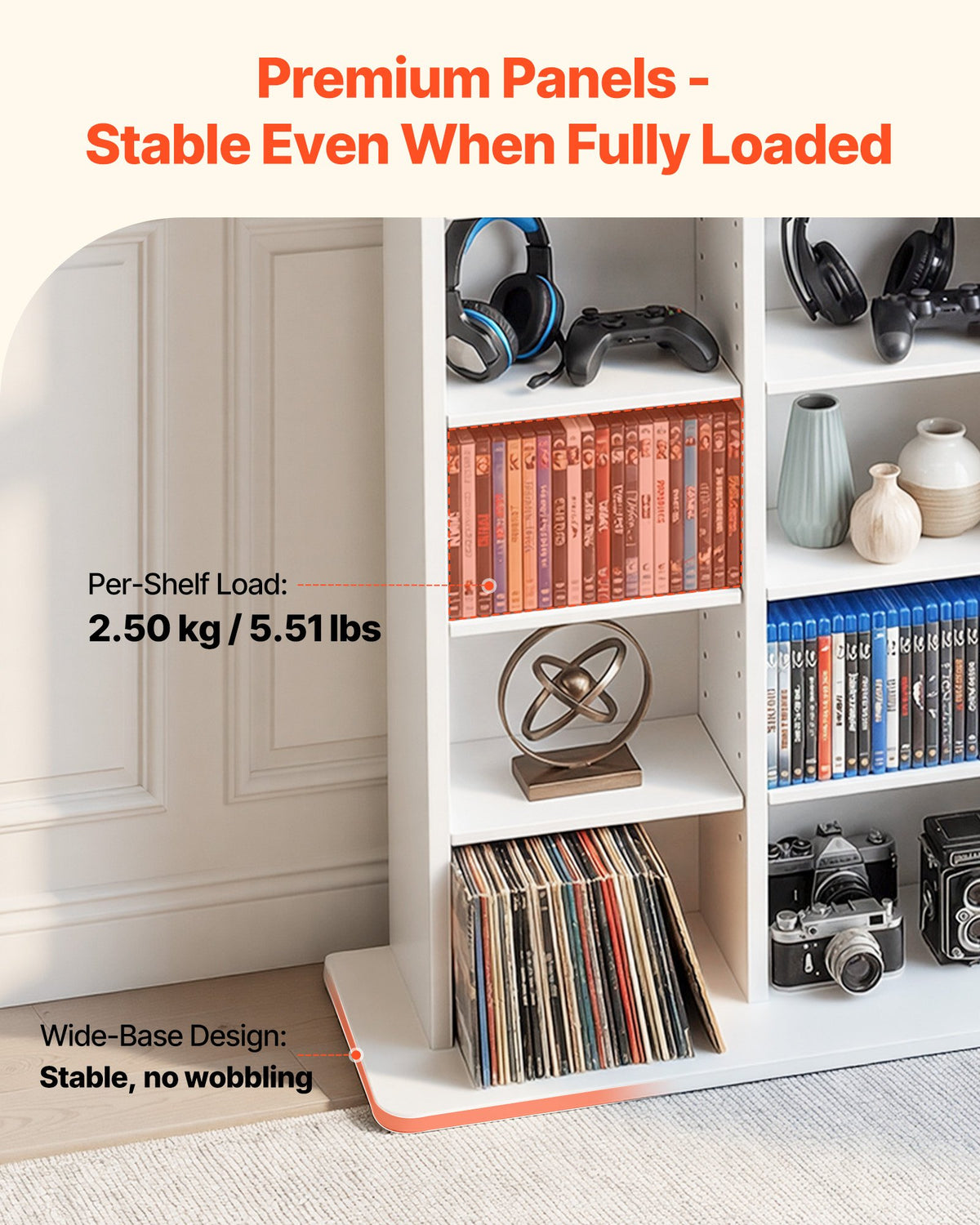 VEVOR Media Storage Cabinet, 8-Tier DVD Shelf Organizer, 22.01 x 8.74 x 50.98 in Multimedia Storage Organizer for CDs, DVDs, Books & Games, CD Shelf for Living Room, Home Office, Recording Room, White - CDCCJBSTDKFS4EFGX001V0 - view 4