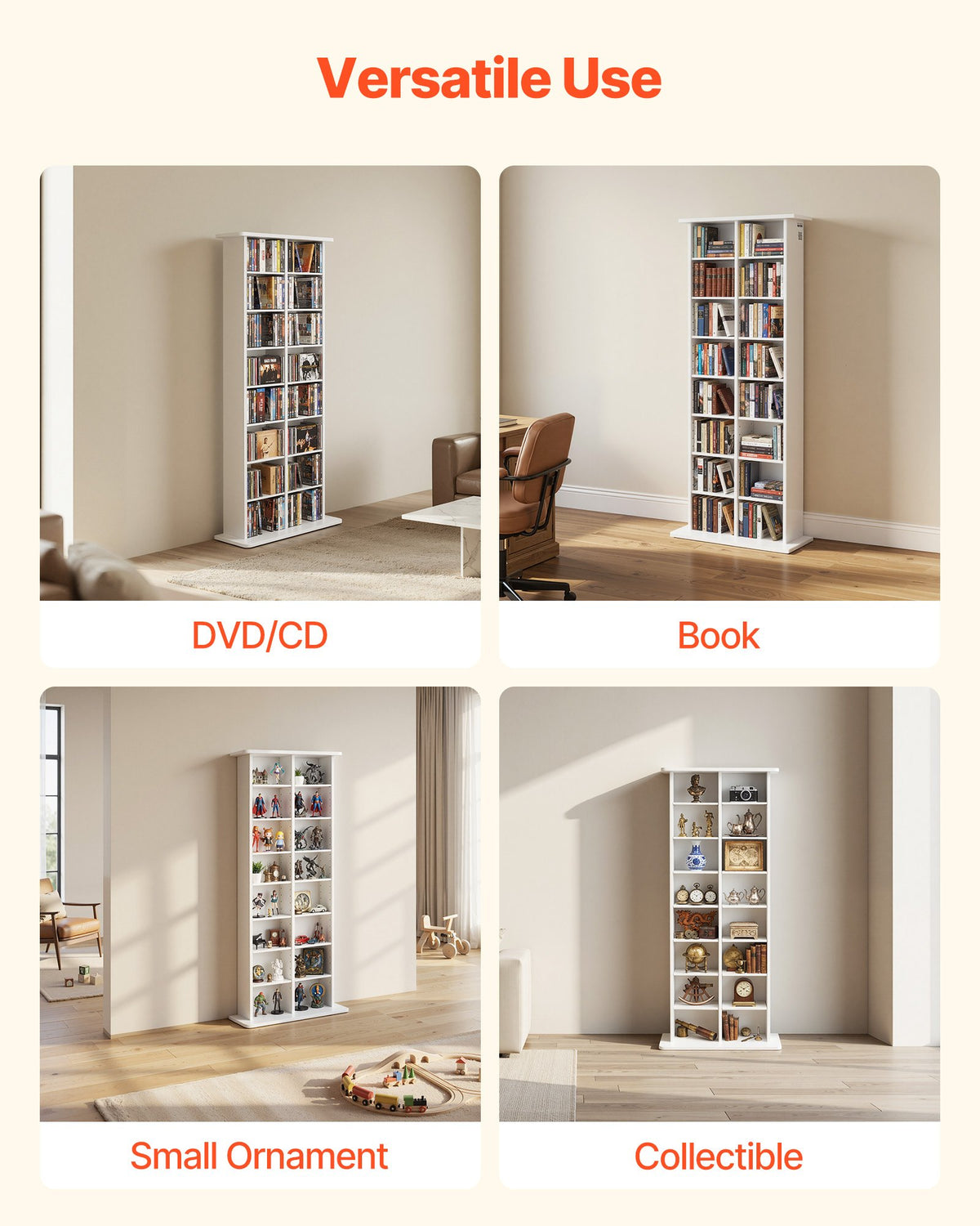 VEVOR Media Storage Cabinet, 8-Tier DVD Shelf Organizer, 22.01 x 8.74 x 50.98 in Multimedia Storage Organizer for CDs, DVDs, Books & Games, CD Shelf for Living Room, Home Office, Recording Room, White - CDCCJBSTDKFS4EFGX001V0 - view 7