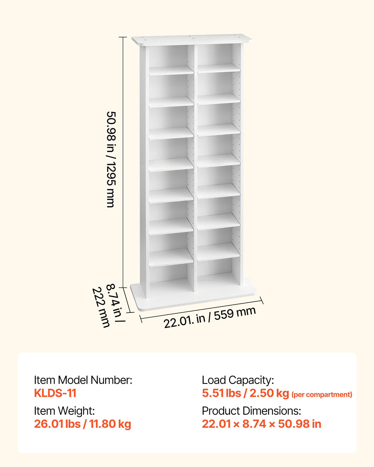 VEVOR Media Storage Cabinet, 8-Tier DVD Shelf Organizer, 22.01 x 8.74 x 50.98 in Multimedia Storage Organizer for CDs, DVDs, Books & Games, CD Shelf for Living Room, Home Office, Recording Room, White - CDCCJBSTDKFS4EFGX001V0 - view 8