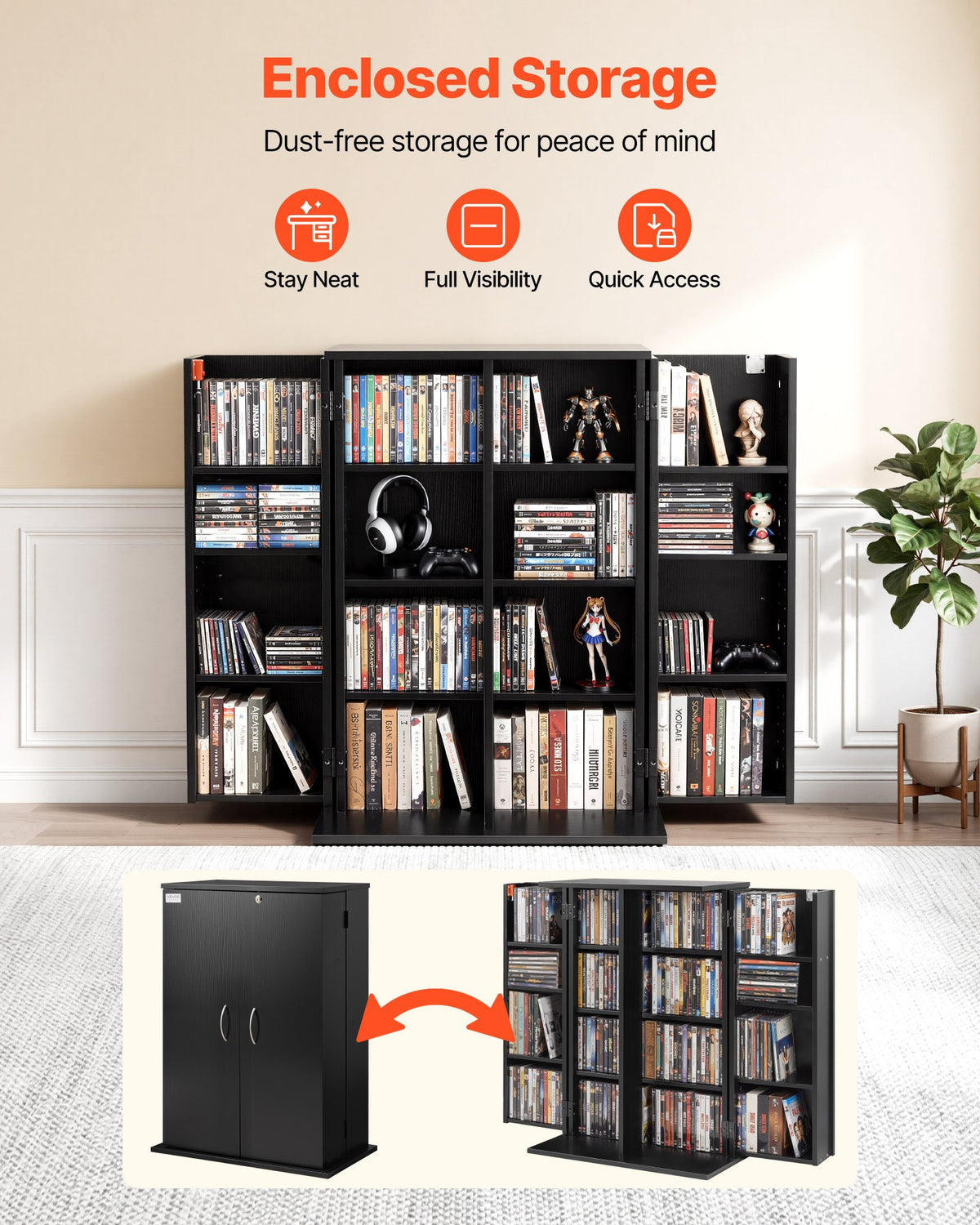 VEVOR Media Storage Cabinet, 4-Tier DVD Shelf Organizer, 24.02 x 14.49 x 33.31 in Multimedia Storage Organizer for CDs, DVDs, Books, Games, CD Shelf for Living Room, Home Office, Recording Room, Black - CDCCJFBS16GH2M11B001V0 - view 3