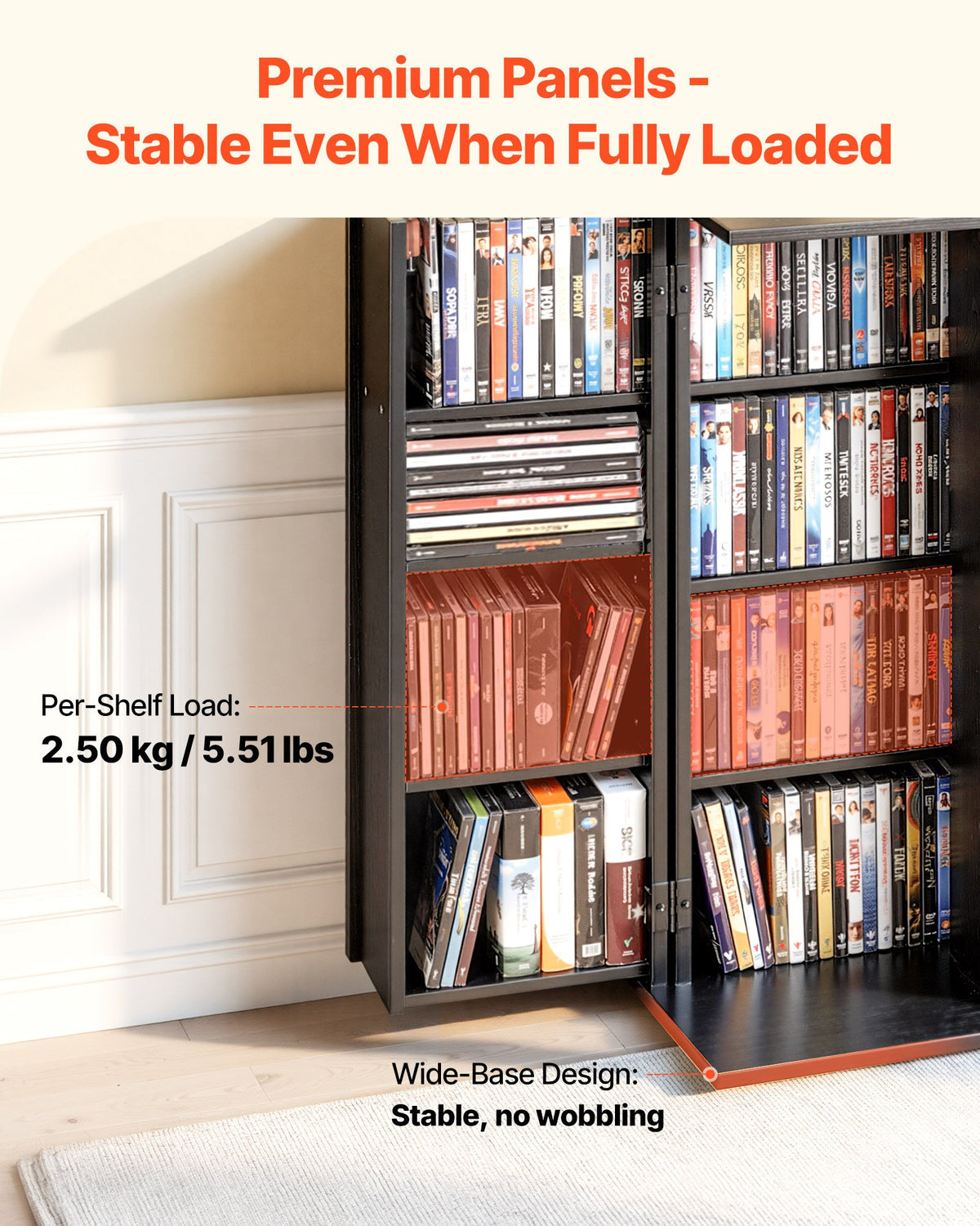 VEVOR Media Storage Cabinet, 4-Tier DVD Shelf Organizer, 24.02 x 14.49 x 33.31 in Multimedia Storage Organizer for CDs, DVDs, Books, Games, CD Shelf for Living Room, Home Office, Recording Room, Black - CDCCJFBS16GH2M11B001V0 - view 4