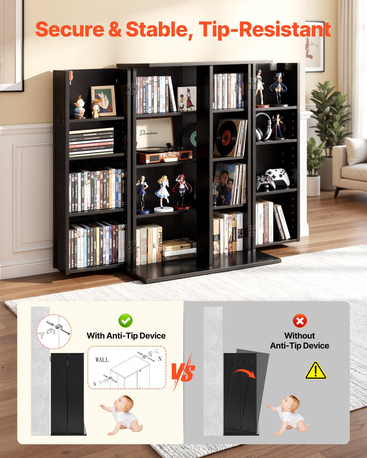 VEVOR Media Storage Cabinet, 4-Tier DVD Shelf Organizer, 24.02 x 14.49 x 33.31 in Multimedia Storage Organizer for CDs, DVDs, Books, Games, CD Shelf for Living Room, Home Office, Recording Room, Black - CDCCJFBS16GH2M11B001V0 - view 5