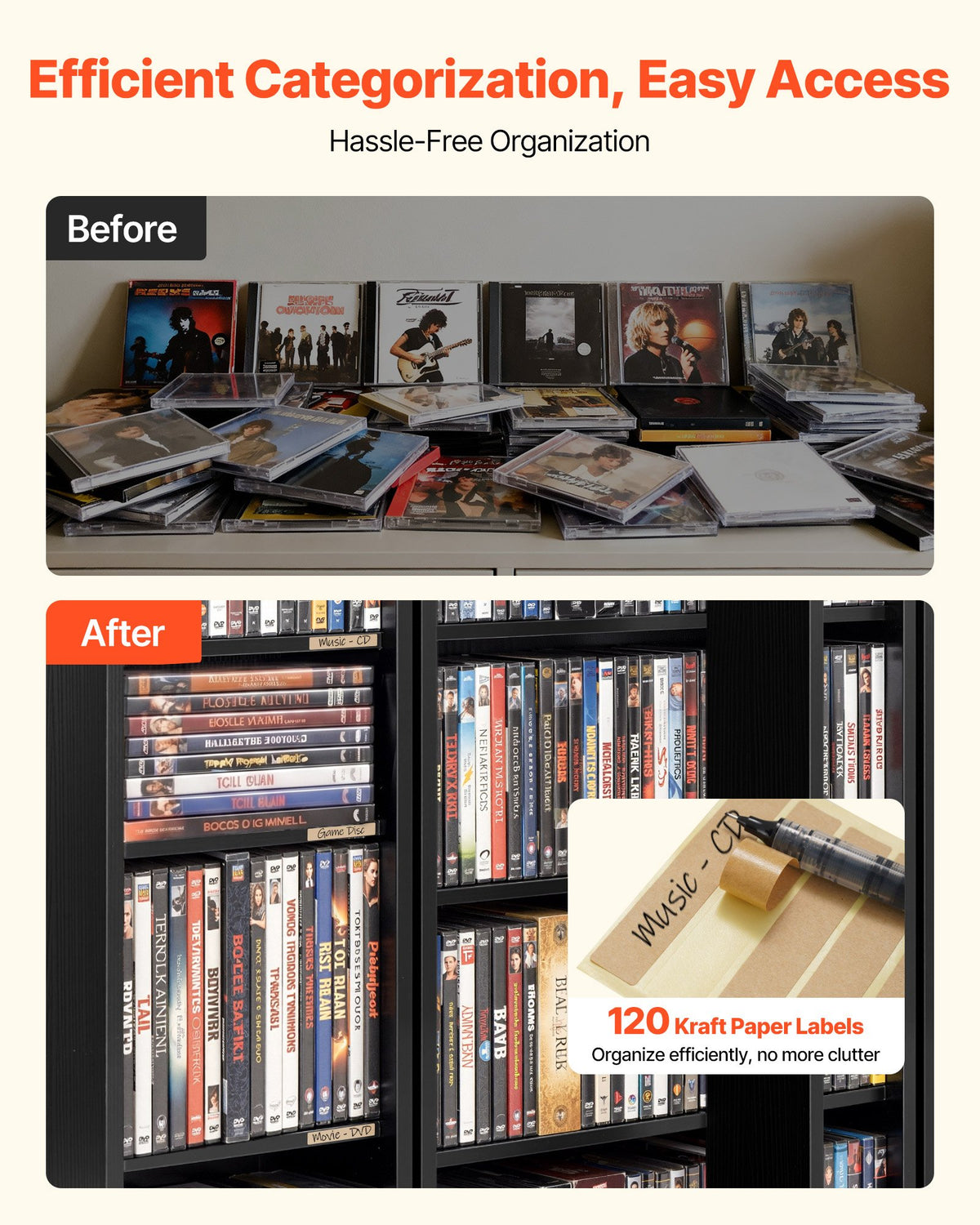 VEVOR Media Storage Cabinet, 4-Tier DVD Shelf Organizer, 24.02 x 14.49 x 33.31 in Multimedia Storage Organizer for CDs, DVDs, Books, Games, CD Shelf for Living Room, Home Office, Recording Room, Black - CDCCJFBS16GH2M11B001V0 - view 6