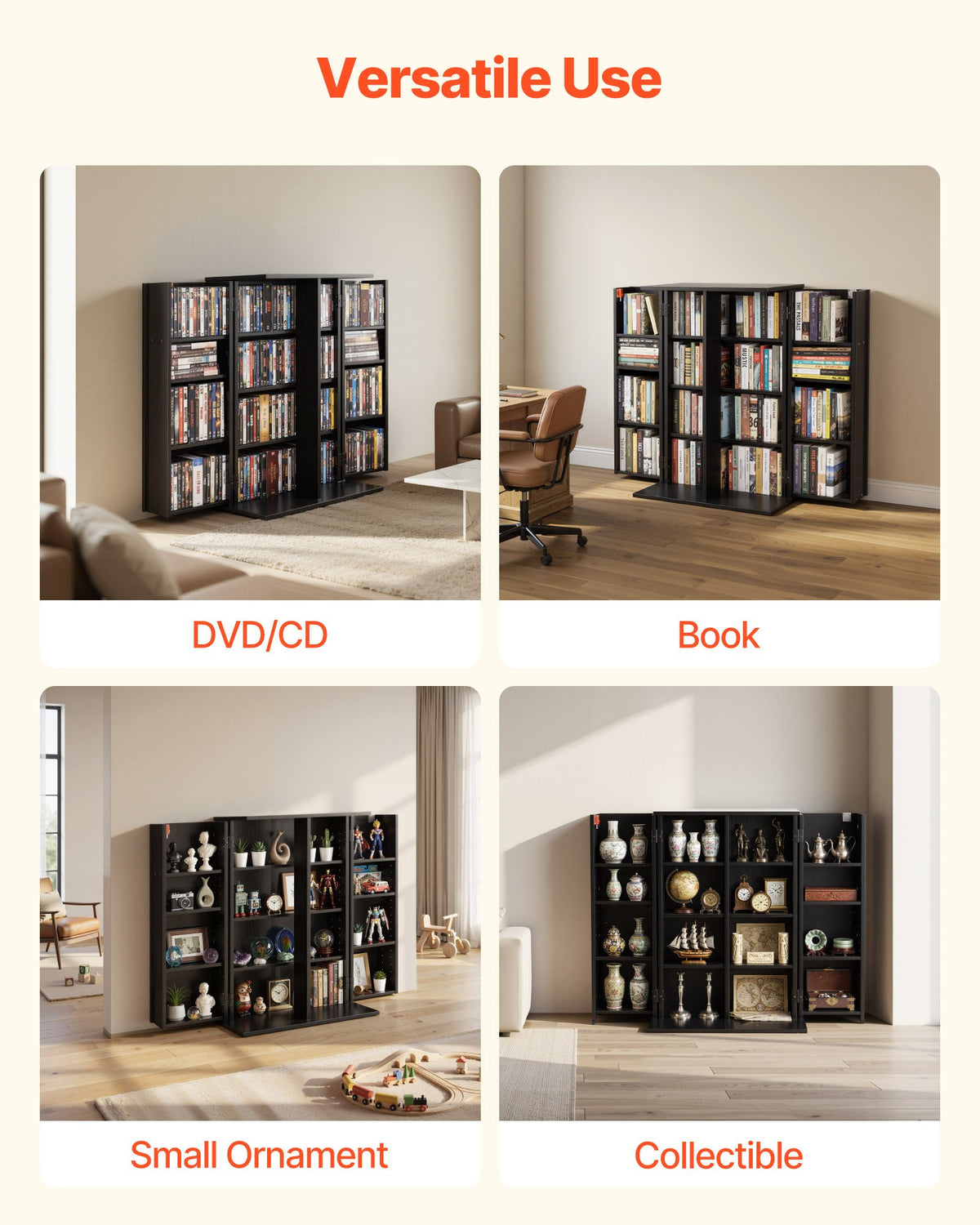 VEVOR Media Storage Cabinet, 4-Tier DVD Shelf Organizer, 24.02 x 14.49 x 33.31 in Multimedia Storage Organizer for CDs, DVDs, Books, Games, CD Shelf for Living Room, Home Office, Recording Room, Black - CDCCJFBS16GH2M11B001V0 - view 7