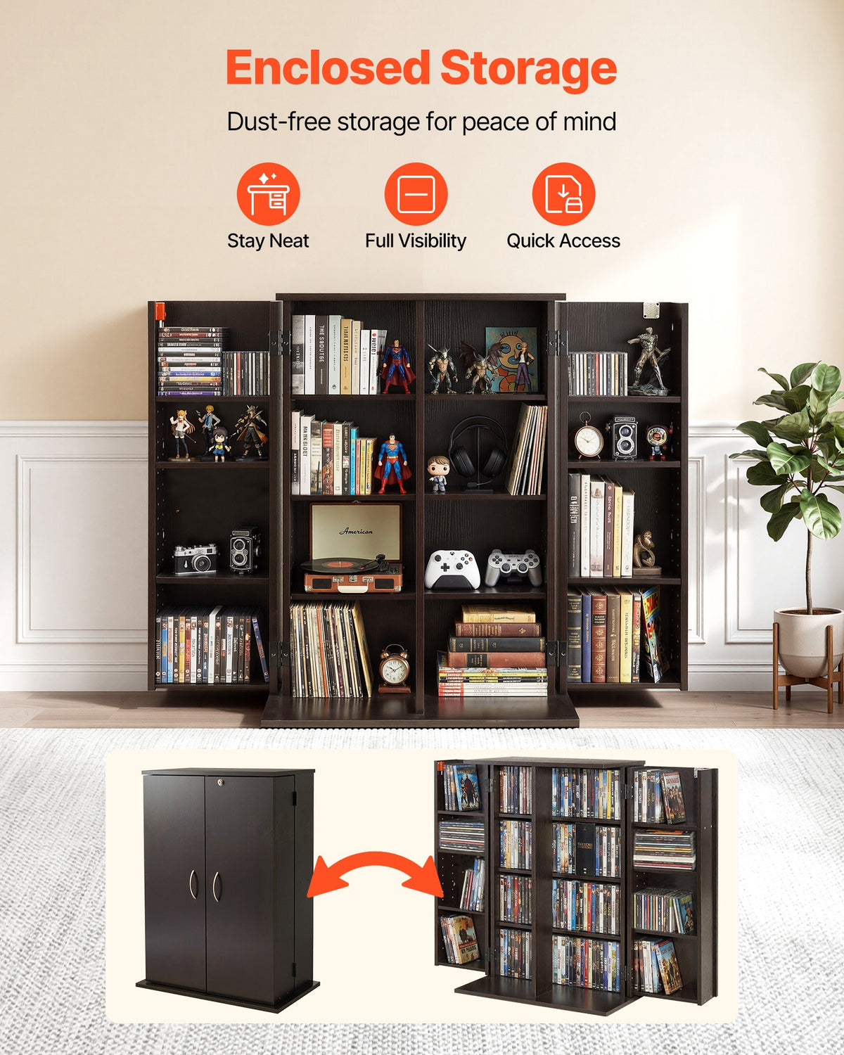 VEVOR Media Storage Cabinet, 4-Tier DVD Shelf Organizer, 24.02 x 14.49 x 33.31 in Multimedia Storage Organizer for CDs, DVDs, Books, Games, CD Shelf for Living Room, Home Office, Recording Room, Brown - CDCCJFBS24GBNXCG8001V0 - view 3