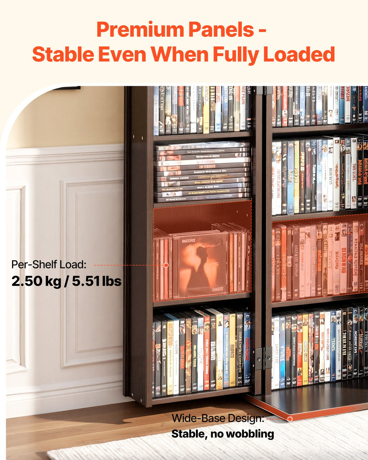 VEVOR Media Storage Cabinet, 4-Tier DVD Shelf Organizer, 24.02 x 14.49 x 33.31 in Multimedia Storage Organizer for CDs, DVDs, Books, Games, CD Shelf for Living Room, Home Office, Recording Room, Brown - CDCCJFBS24GBNXCG8001V0 - view 4