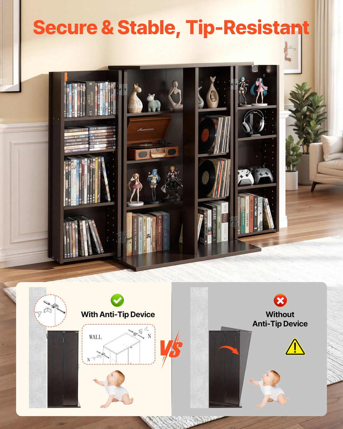 VEVOR Media Storage Cabinet, 4-Tier DVD Shelf Organizer, 24.02 x 14.49 x 33.31 in Multimedia Storage Organizer for CDs, DVDs, Books, Games, CD Shelf for Living Room, Home Office, Recording Room, Brown - CDCCJFBS24GBNXCG8001V0 - view 5
