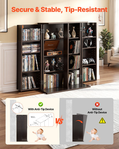 VEVOR Media Storage Cabinet, 4-Tier DVD Shelf Organizer, 24.02 x 14.49 x 33.31 in Multimedia Storage Organizer for CDs, DVDs, Books, Games, CD Shelf for Living Room, Home Office, Recording Room, Brown - CDCCJFBS24GBNXCG8001V0 - view 5