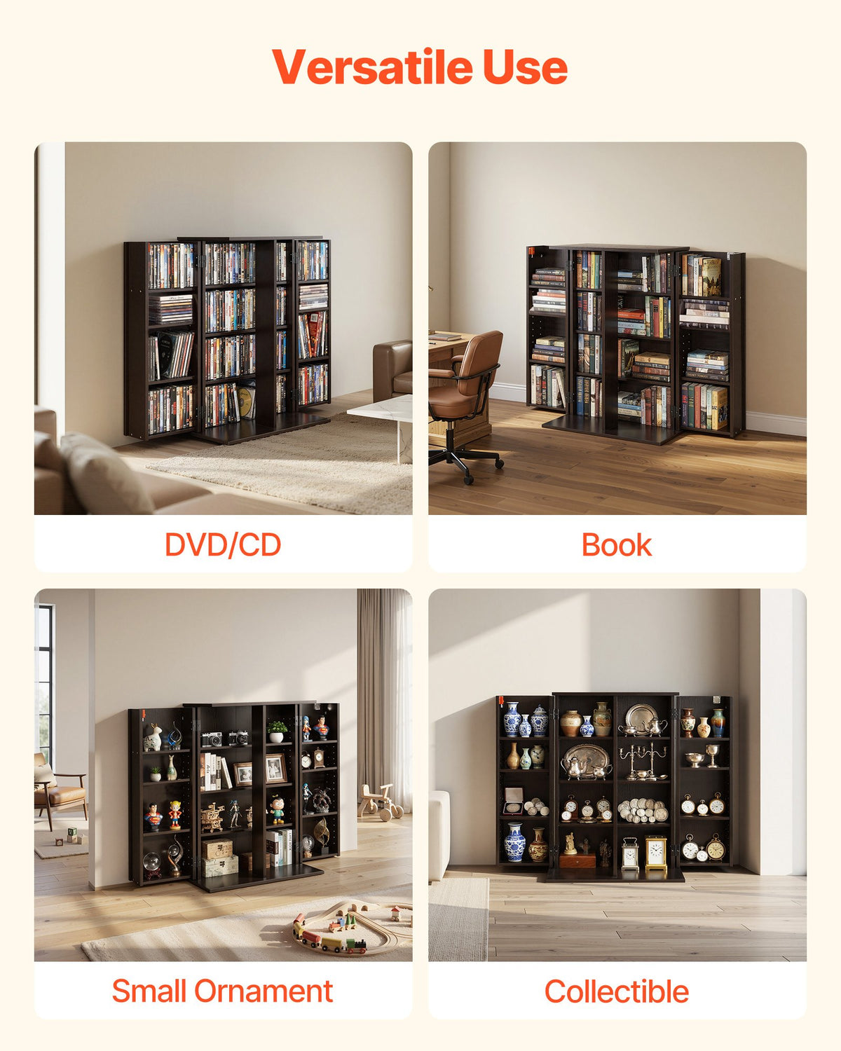 VEVOR Media Storage Cabinet, 4-Tier DVD Shelf Organizer, 24.02 x 14.49 x 33.31 in Multimedia Storage Organizer for CDs, DVDs, Books, Games, CD Shelf for Living Room, Home Office, Recording Room, Brown - CDCCJFBS24GBNXCG8001V0 - view 7