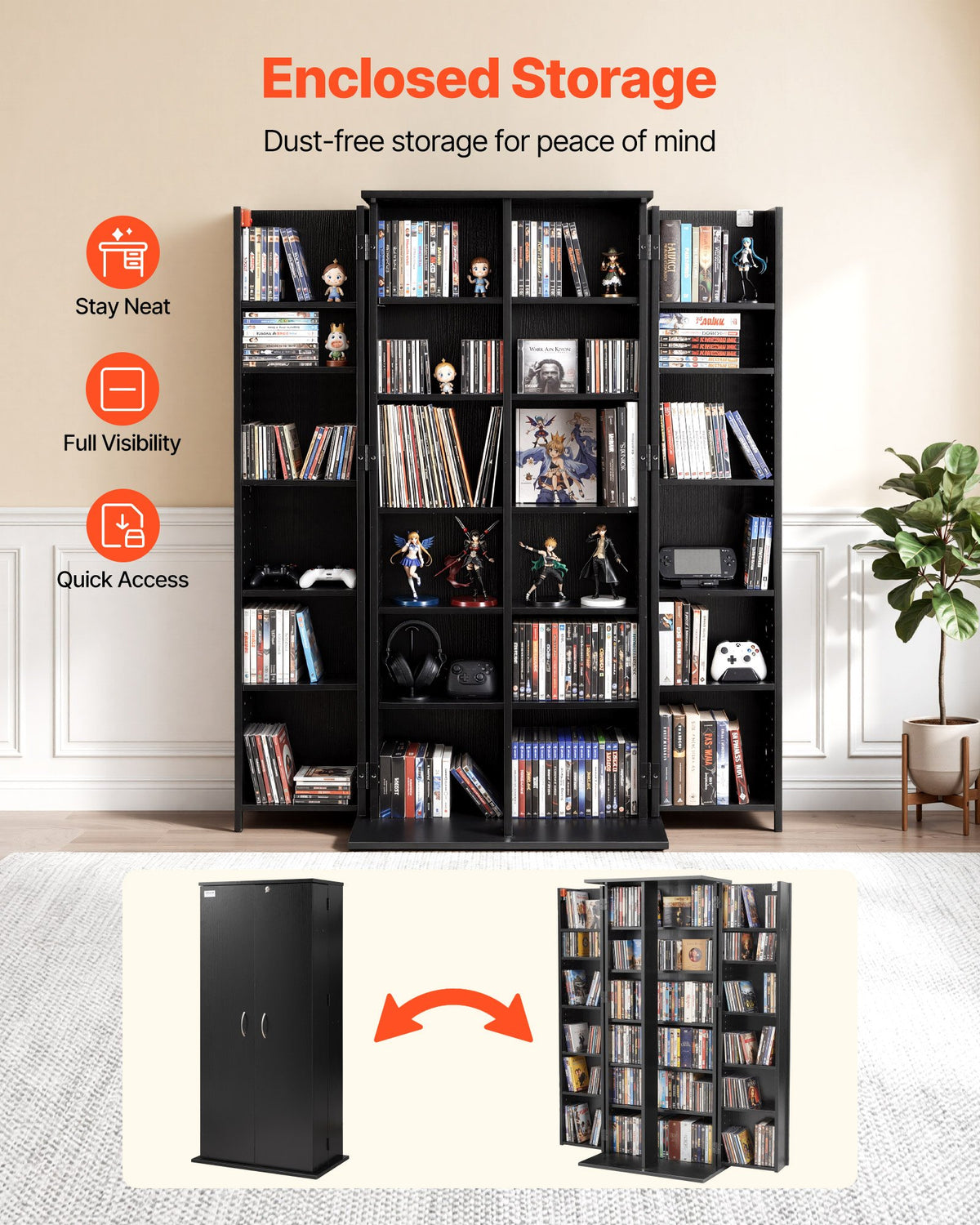 VEVOR Media Storage Cabinet, 6-Tier DVD Shelf Organizer, 24.02 x 14.49 x 50 in Multimedia Storage Organizer for CDs, DVDs, Books, Games, CD Shelf for Living Room, Home Office, Recording Room, Black - CDCCJFBS24GHJOLNM001V0 - view 3