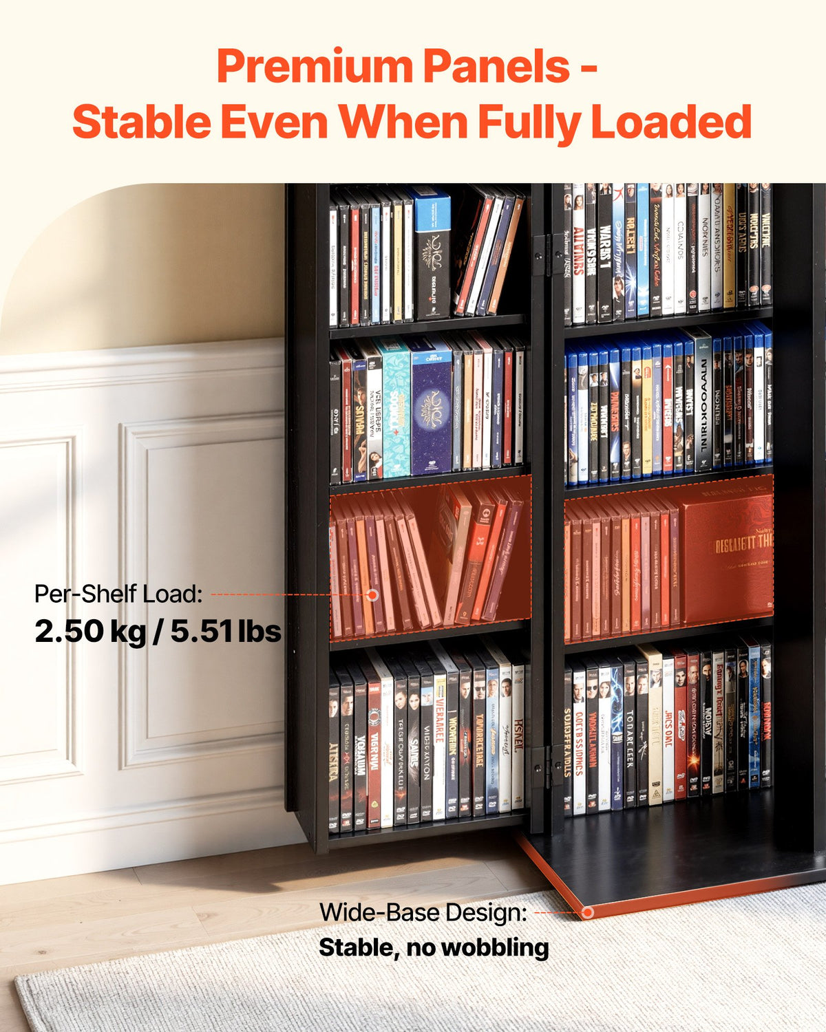 VEVOR Media Storage Cabinet, 6-Tier DVD Shelf Organizer, 24.02 x 14.49 x 50 in Multimedia Storage Organizer for CDs, DVDs, Books, Games, CD Shelf for Living Room, Home Office, Recording Room, Black - CDCCJFBS24GHJOLNM001V0 - view 4