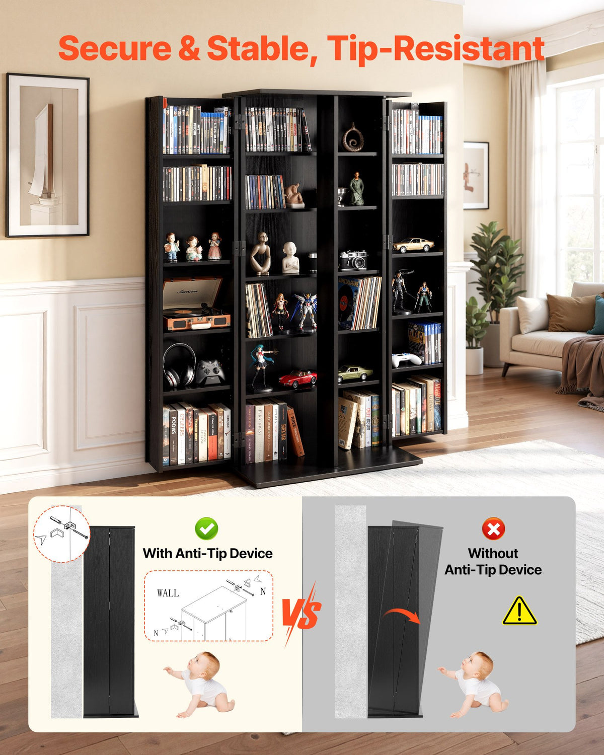VEVOR Media Storage Cabinet, 6-Tier DVD Shelf Organizer, 24.02 x 14.49 x 50 in Multimedia Storage Organizer for CDs, DVDs, Books, Games, CD Shelf for Living Room, Home Office, Recording Room, Black - CDCCJFBS24GHJOLNM001V0 - view 5