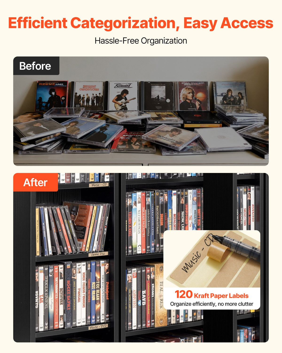 VEVOR Media Storage Cabinet, 6-Tier DVD Shelf Organizer, 24.02 x 14.49 x 50 in Multimedia Storage Organizer for CDs, DVDs, Books, Games, CD Shelf for Living Room, Home Office, Recording Room, Black - CDCCJFBS24GHJOLNM001V0 - view 6