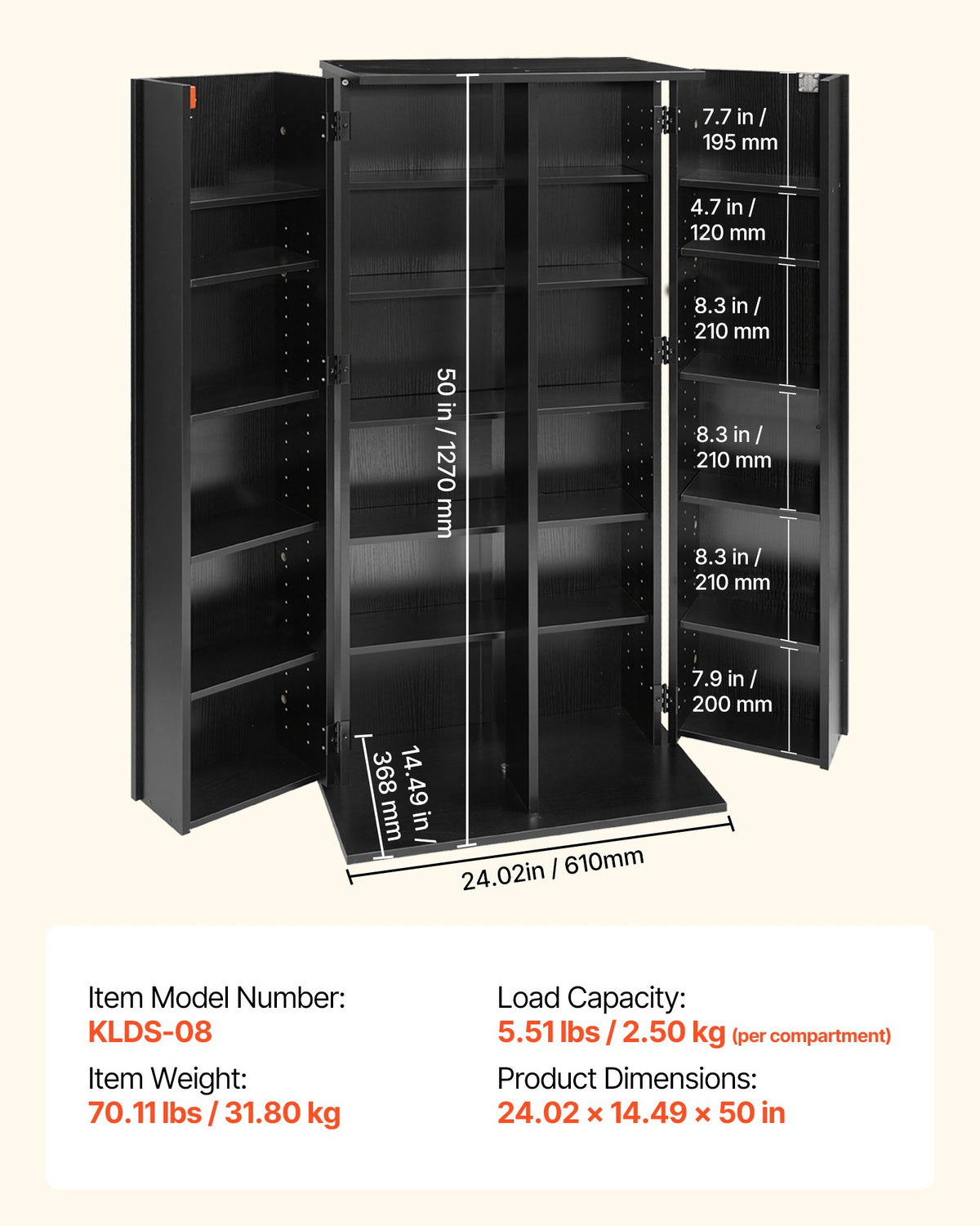 VEVOR Media Storage Cabinet, 6-Tier DVD Shelf Organizer, 24.02 x 14.49 x 50 in Multimedia Storage Organizer for CDs, DVDs, Books, Games, CD Shelf for Living Room, Home Office, Recording Room, Black - CDCCJFBS24GHJOLNM001V0 - view 8