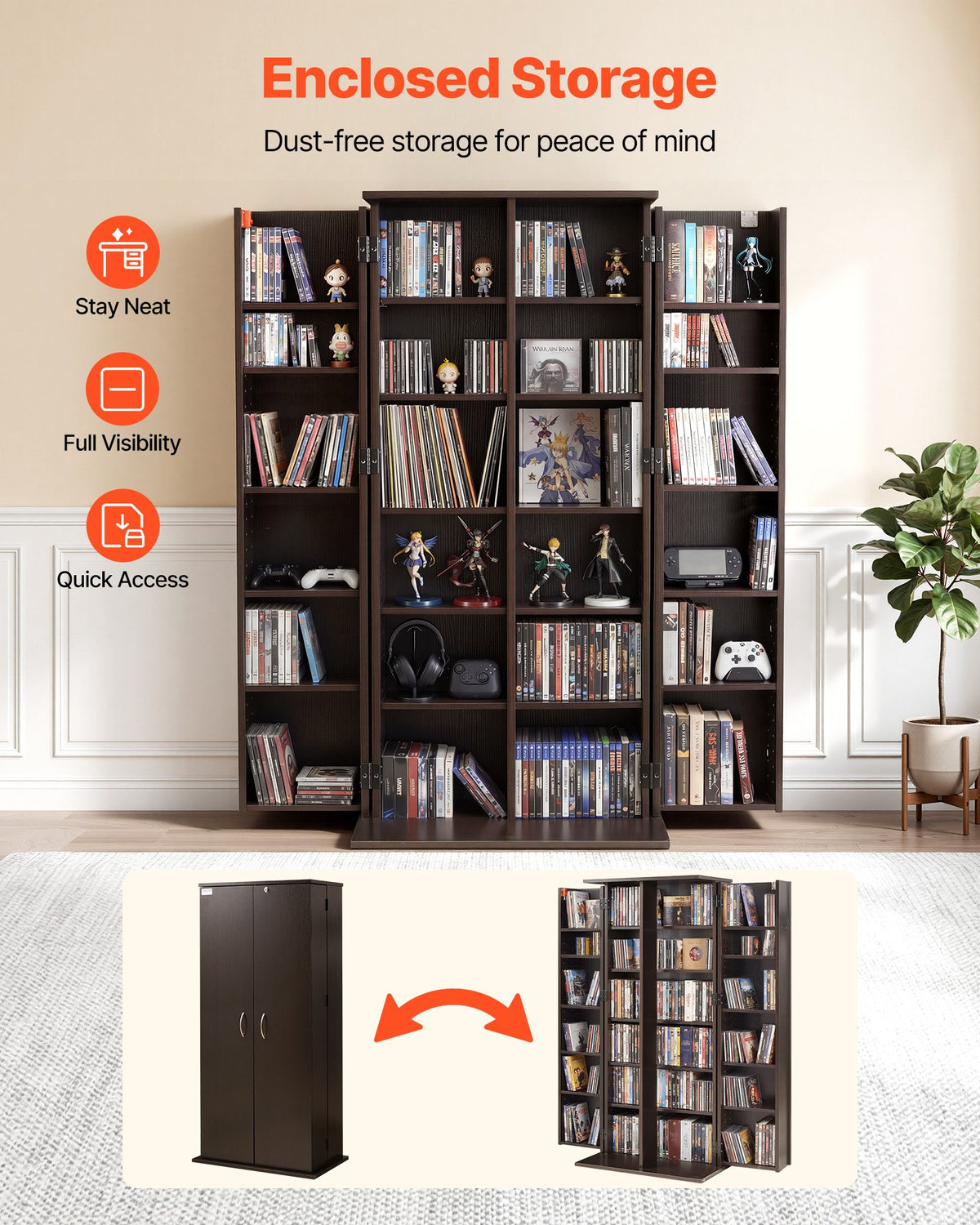 VEVOR Media Storage Cabinet, 6-Tier DVD Shelf Organizer, 24.02 x 14.49 x 50 in Multimedia Storage Organizer for CDs, DVDs, Books, Games, CD Shelf for Living Room, Home Office, Recording Room, Brown - CDCCJFBS24GSI4XH2001V0 - view 3