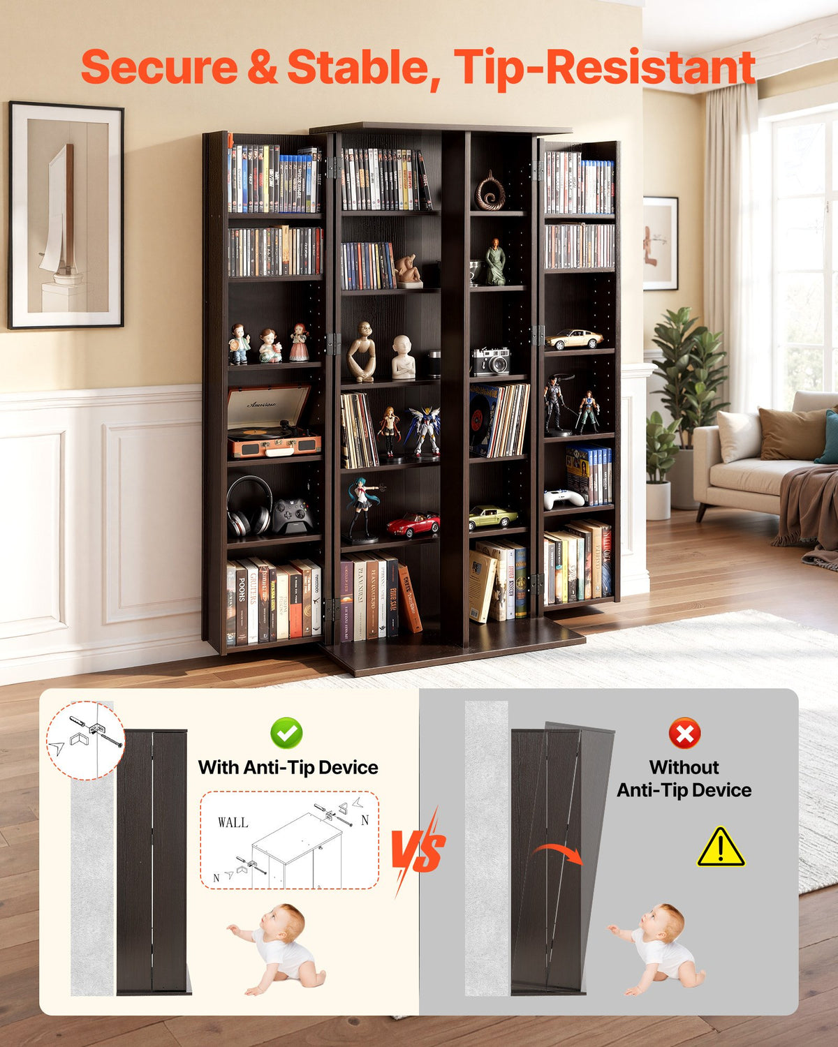 VEVOR Media Storage Cabinet, 6-Tier DVD Shelf Organizer, 24.02 x 14.49 x 50 in Multimedia Storage Organizer for CDs, DVDs, Books, Games, CD Shelf for Living Room, Home Office, Recording Room, Brown - CDCCJFBS24GSI4XH2001V0 - view 5