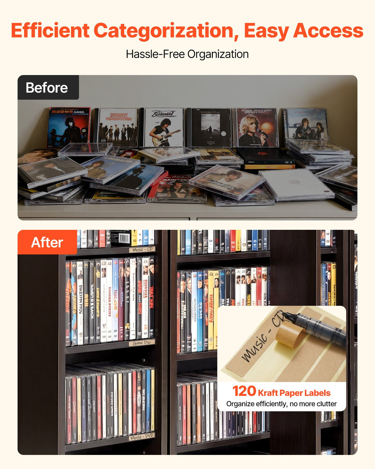VEVOR Media Storage Cabinet, 6-Tier DVD Shelf Organizer, 24.02 x 14.49 x 50 in Multimedia Storage Organizer for CDs, DVDs, Books, Games, CD Shelf for Living Room, Home Office, Recording Room, Brown - CDCCJFBS24GSI4XH2001V0 - view 6